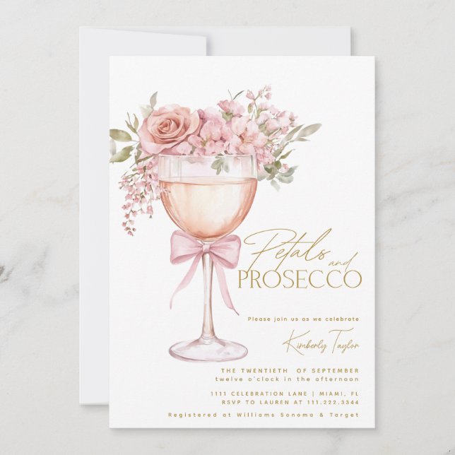 Invitación Pétalos Y Rosa Prosecco Jardín Ducha De Novias (Anverso)