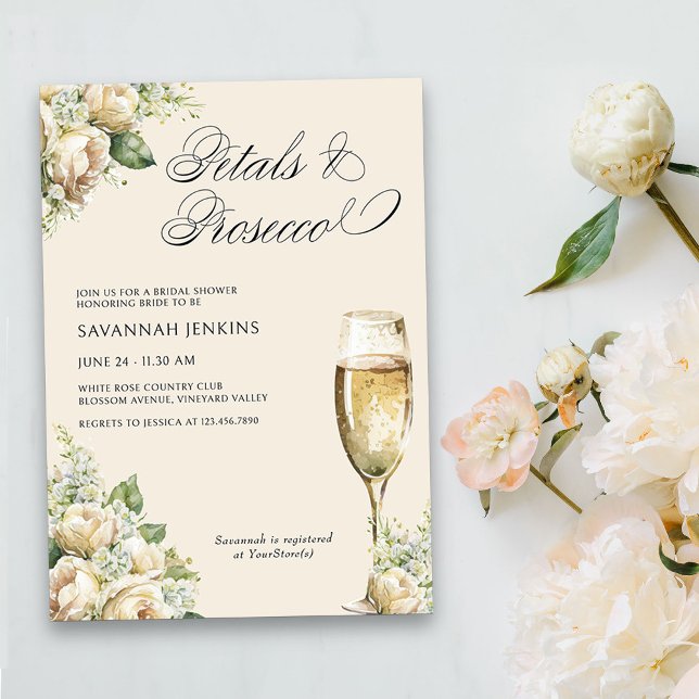 Invitación Pétalos y Rosas de Prosecco Cream Ducha de Novias (Petals & Prosecco Floral Bridal Shower invitation on cream)