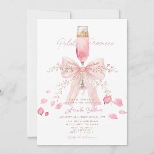 Invitación Petals and Prosecco Blush Bow Petals Bridal Shower (Anverso)