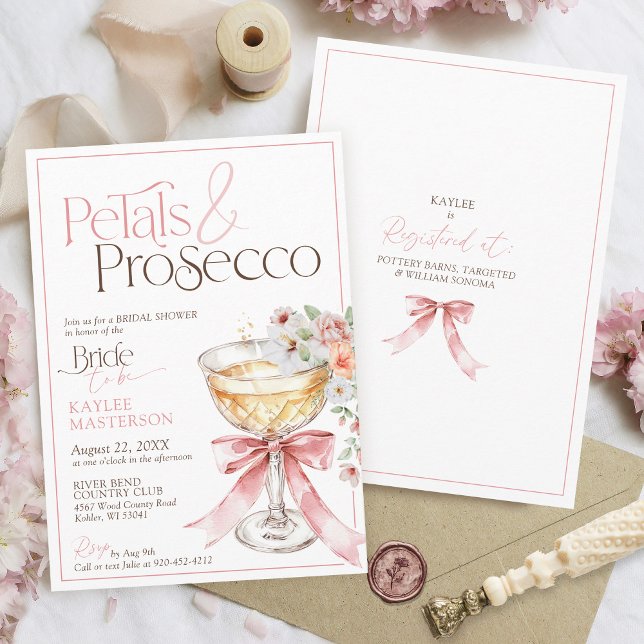 Invitación Petals and Prosecco Floral Champagne Bridal Shower (Petals and Prosecco pink watercolor coquette elegant floral champagne coupe bridal shower invitation)