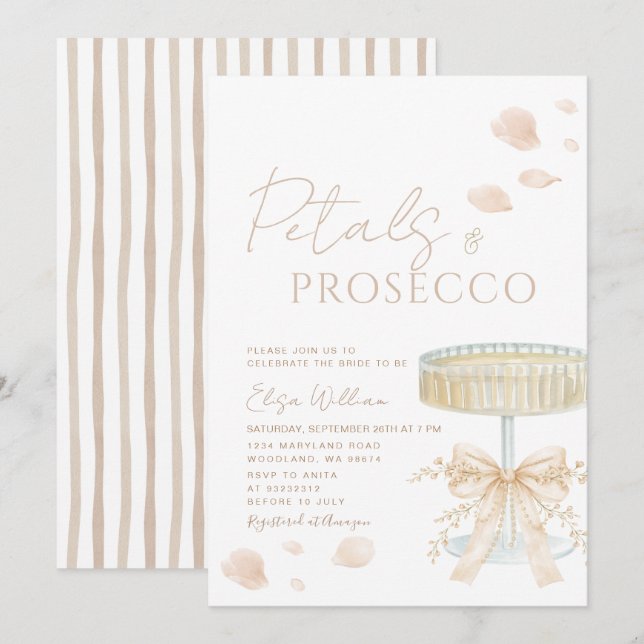 Invitación Petals and Prosecco Ivory Bow Bridal Shower  (Anverso / Reverso)