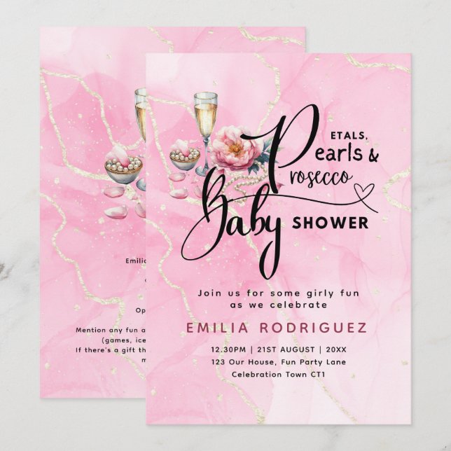 Invitación Petals Pearls Prosecco Baby Shower (Anverso / Reverso)
