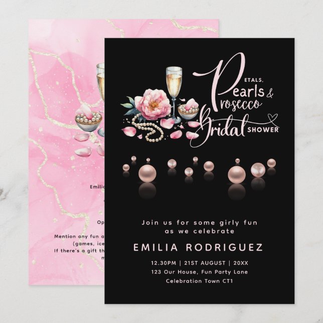 Invitación Petals Pearls Prosecco Bridal Shower (Anverso / Reverso)