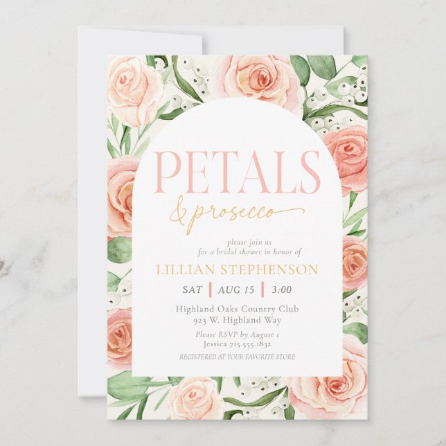 Invitación Petals & Prosecco Arco Floral Rosa para Despedida  (Anverso)