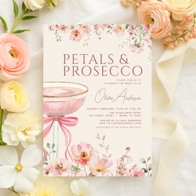 Invitación Petals & Prosecco Blush Pink Bow Bridal Shower  (Subido por el creador)