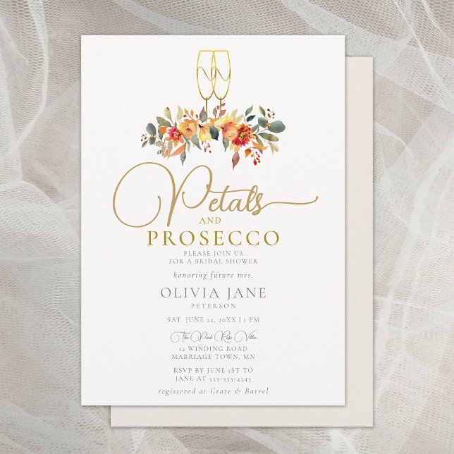 Invitación Petals Prosecco Otoño Otoño Caída Ducha de Novias (petals prosecco fall bridal shower invitation autumn gold leaves foliage floral elegant rustic boho)