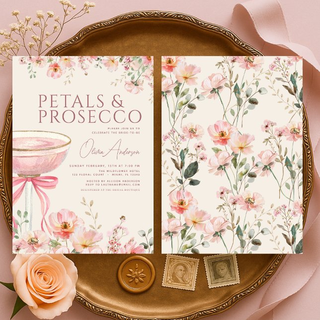 Invitación Petals & Prosecco Pink Coquette Bow Bridal Shower  (Subido por el creador)