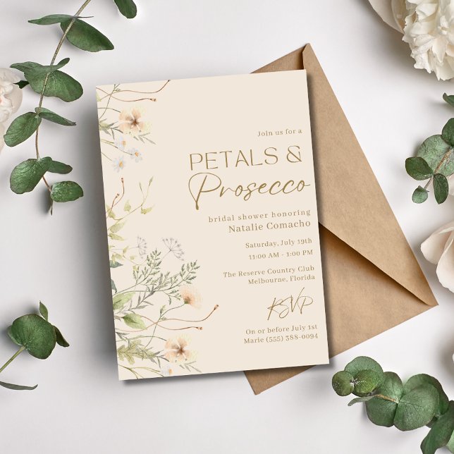 Invitación Petals Prosecco Wildflower Fiesta de ducha de novi (Petals Prosecco Wildflower Bridal Shower Party Invitation)