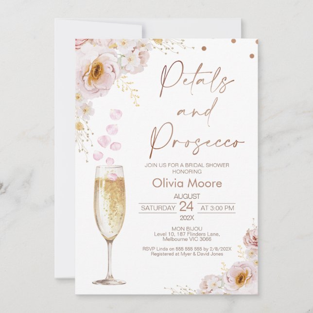 Invitación Petals Rosas Petals Prosecco Boho Ducha de novias (Anverso)