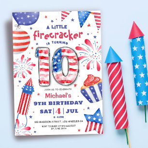 Invitación Petardo 4 de julio Cumpleaños 10 Patriótico Lindo