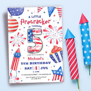 Invitación Petardo 4 de julio Cumpleaños 5 Patriótico Lindo