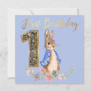 Invitación Peter el Conejo con el Primer Cumpleaños de Oro