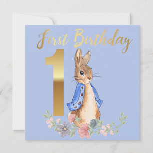 Invitación Peter el Conejo con el Primer Cumpleaños de Oro