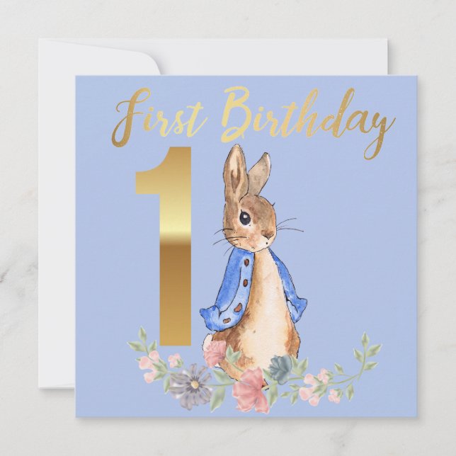 Invitación Peter el Conejo con el Primer Cumpleaños de Oro (Anverso)