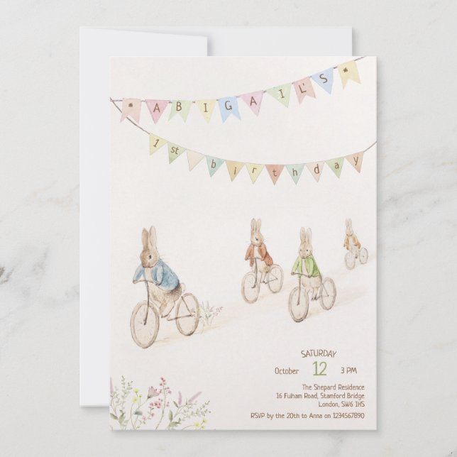 Invitación Peter el conejo conejo género neutro primer cumple (Anverso)