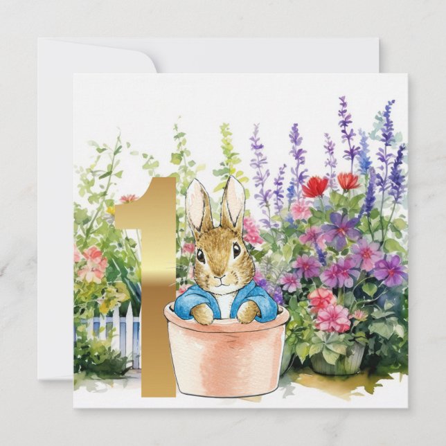 Invitación Peter el Conejo en una olla de primer cumpleaños (Anverso)