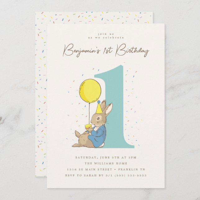 Invitación Peter Rabbit 1 Birthday Confetti (Anverso / Reverso)