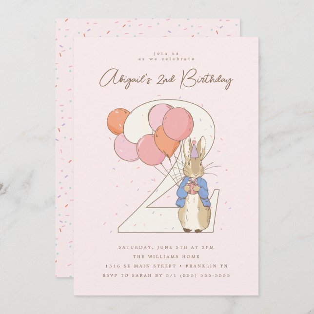 Invitación Peter Rabbit 2 Birthday Pink Confetti (Anverso / Reverso)