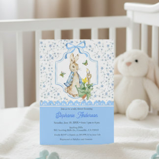 Invitación Peter Rabbit Blue Floral Baby Shower Invitation