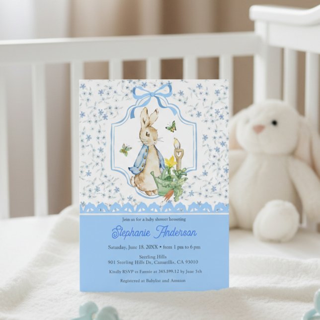 Invitación Peter Rabbit Blue Floral Baby Shower Invitation (Subido por el creador)