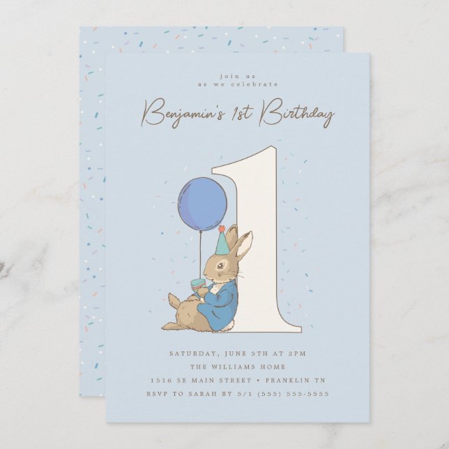 Invitación Peter Rabbit | Boy 1 cumpleaños Blue Confetti (Anverso / Reverso)