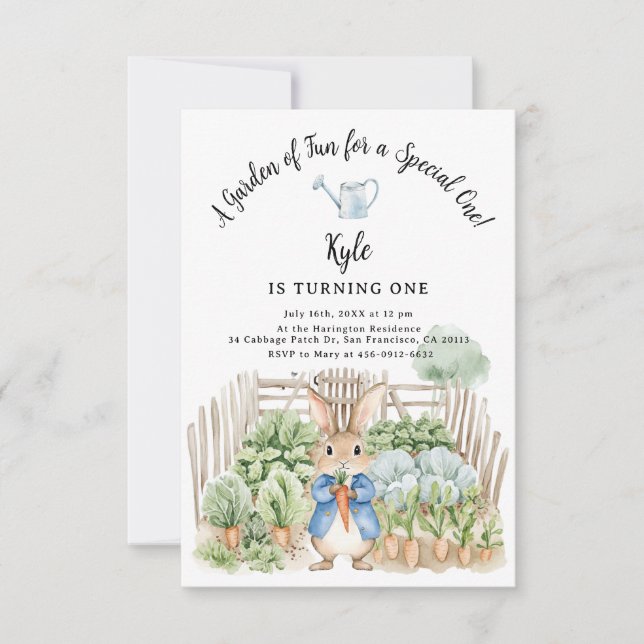 Invitación Peter Rabbit Cabbage Parche First Birday Party (Anverso)