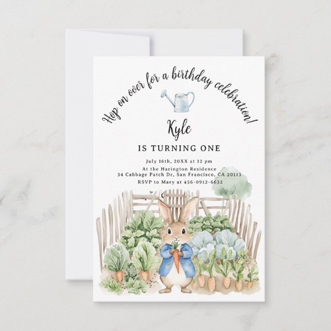 Invitación Peter Rabbit Cabbage Parche Vegetales Cumpleaños (Anverso)