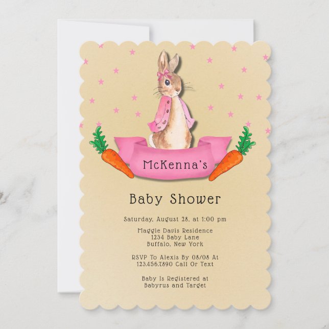 Invitación Peter Rabbit Carrots y Stars Chica Baby Shower (Anverso)