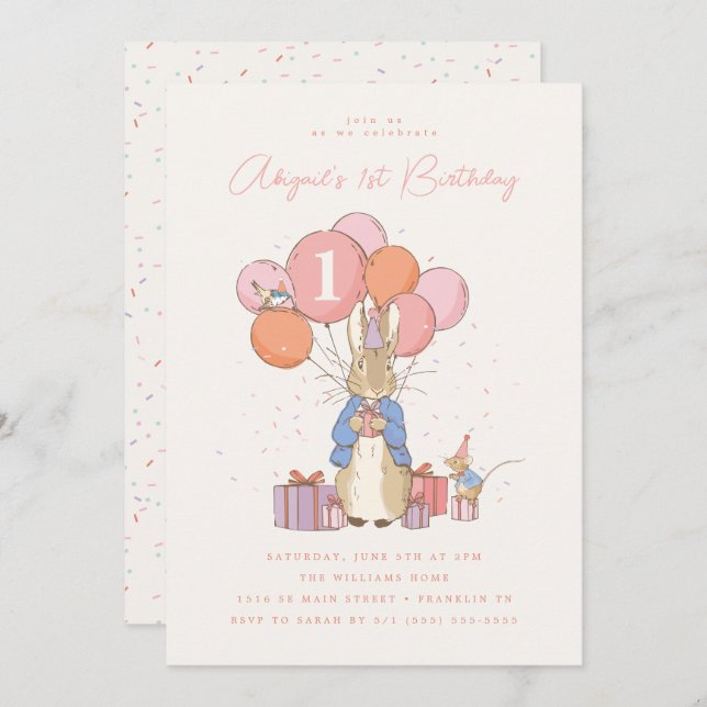 Invitación Peter Rabbit| Chica 1 cumpleaños PinkConfetti (Anverso / Reverso)