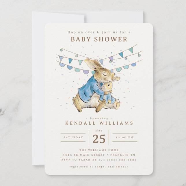 Invitación Peter Rabbit | Confetti Boy Baby Shower (Anverso)