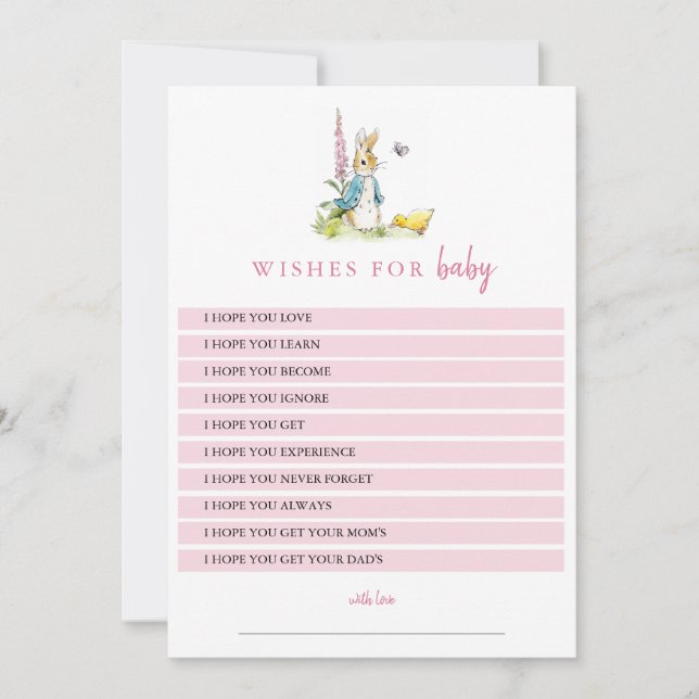 Invitación Peter Rabbit desea bebé chica rosado Shower (Anverso)
