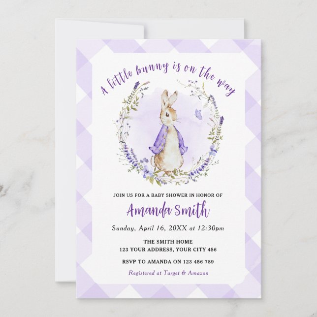 Invitación Peter Rabbit Purple Baby Shower (Anverso)