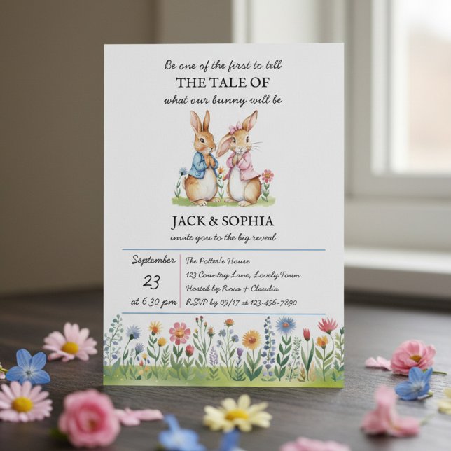 Invitación Peter Rabbit Themed Gender Reveal (Peter Rabbit storybook themed gender reveal invitation)