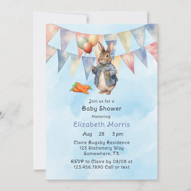Invitación Peter Rabbit Watercolor Baby Shower (Anverso)