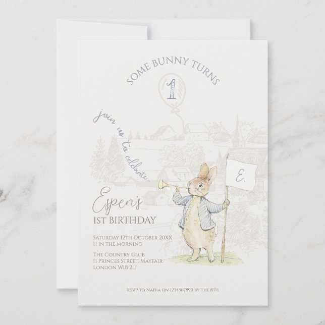 Invitación Peter the Rabbit Beatrix un conejo primer cumpleañ (Anverso)