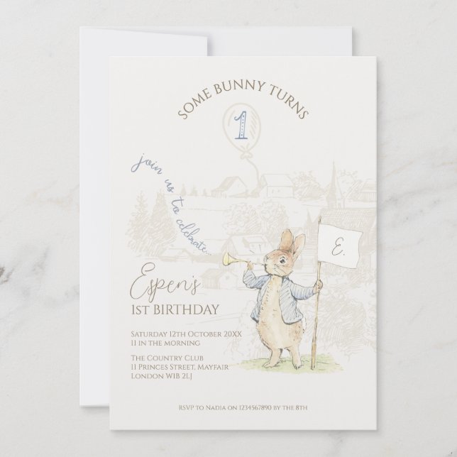 Invitación Peter the Rabbit Beatrix un conejo primer cumpleañ (Anverso)