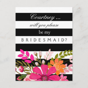 Invitación Petición de la dama de honor de flores de rayas bl