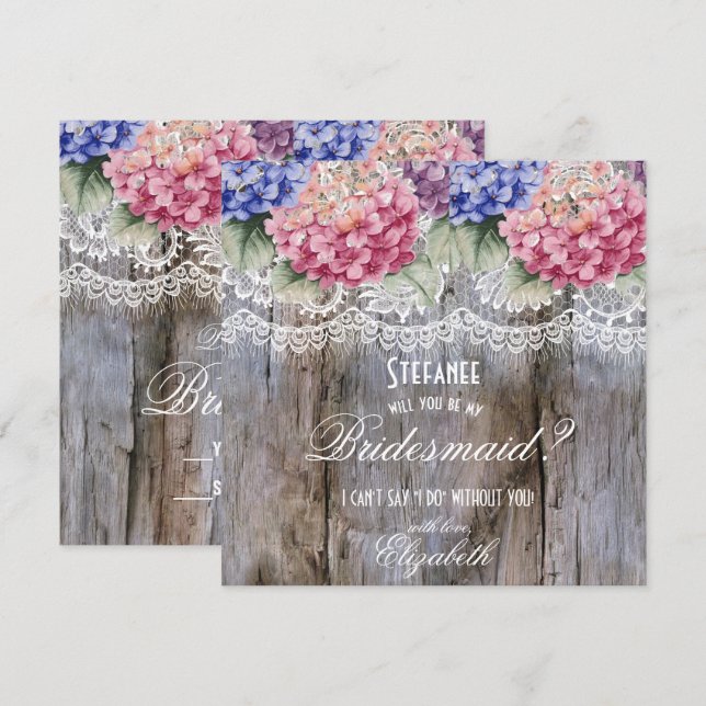 Invitación Petición de la dama de honor Hydrangeas Lace & Bar (Anverso / Reverso)