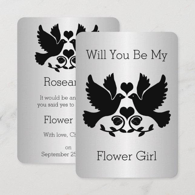 Invitación Petición Dove Black And Silver Flower Girl (Anverso / Reverso)