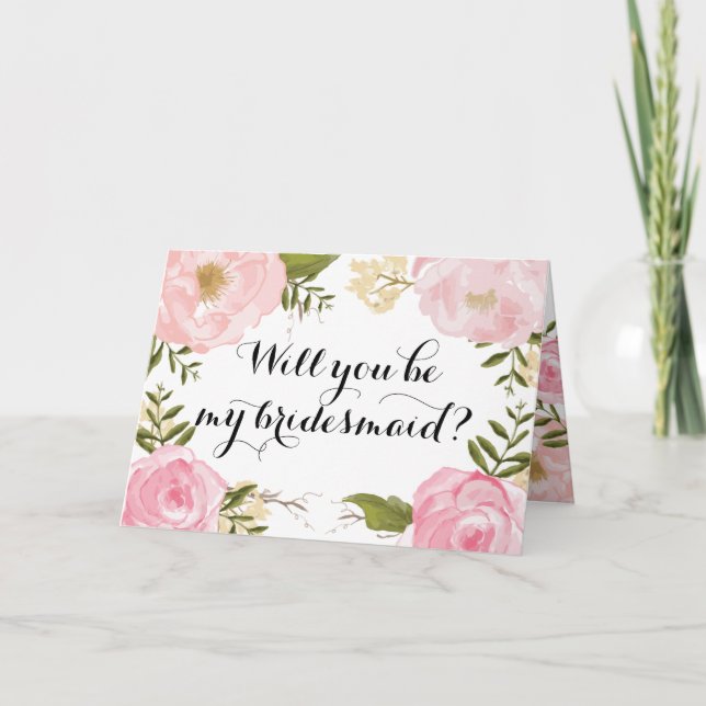 Invitación Petición moderna de dama de honor con flores rosad (Anverso)