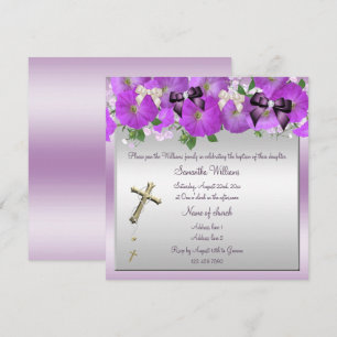 Invitación Petunias, lazos, Rosario y cuentas de Bautizo de n