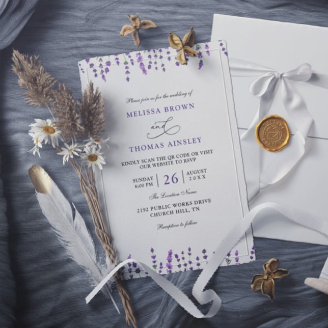 Invitación Peurple Lavender Floral Budget QR Code Wedding (Subido por el creador)