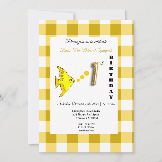 Invitación Pez Amarillo y Globo Dorado de Gingham Cumpleaños  (Anverso)