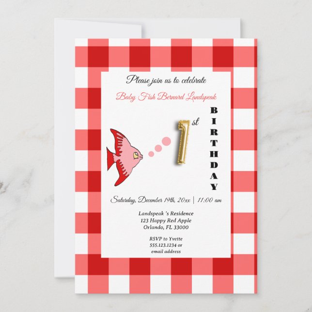 Invitación Pez Rojo y Globo de Gingham Dorado Cumpleaños 1 (Anverso)