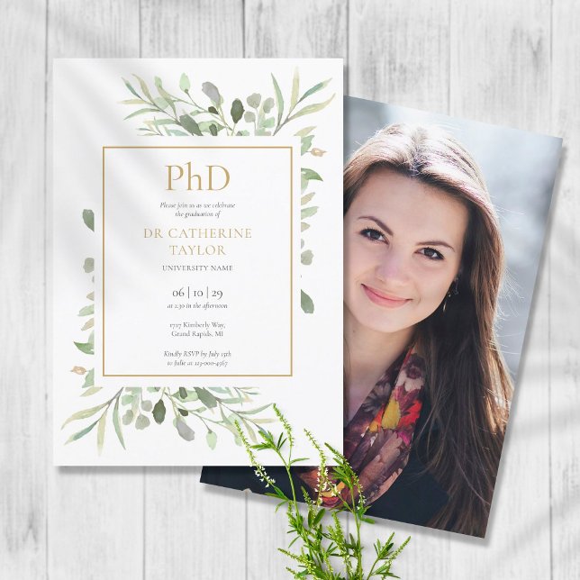 Invitación Phd Degree Watercolor Greenery Photo Graduation  (Phd Degree Watercolor Greenery Photo Graduation Invitation)
