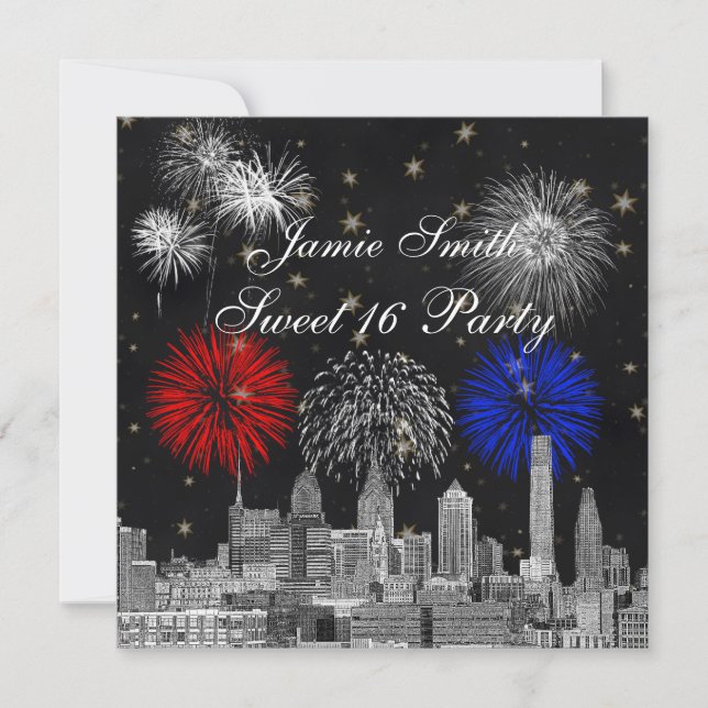 Invitación Philadelphia Skyline Black Gold Star Sweet 16 FW (Anverso)