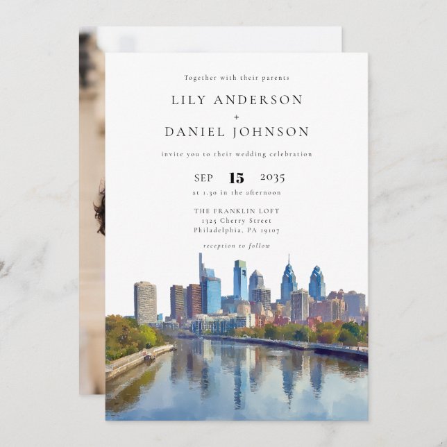 Invitación Philadelphia Skyline Destination Photo Wedding (Anverso / Reverso)