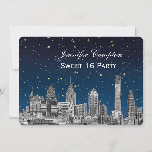Invitación Philadelphia Skyline Etch Blue Starry Sweet 16 H (Anverso)