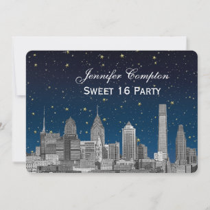 Invitación Philadelphia Skyline Etch Blue Starry Sweet 16 H