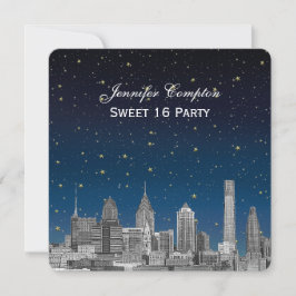 Invitación Philadelphia Skyline Etch Blue Starry Sweet 16 H